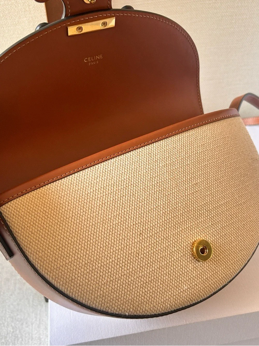 Celine Cream Canvas Crescent Crossbody with Brown Leather Trim